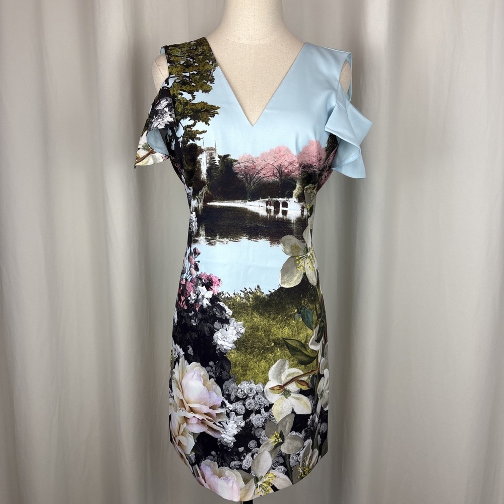 Ted Baker Effrae Floral Cold Shoulder Mini Dress Women's Size 0 Blue
